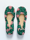 Green fabric slip-on shoes with candy cane and cookie pattern, open toe, soft insole
