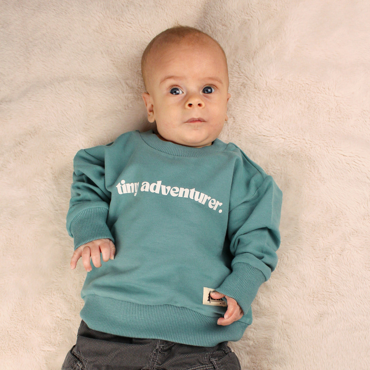 Teal crewneck pullover with ribbed cuffs and hem, logo text on chest.