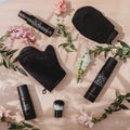 Self-tanning bundle with black ROSE GOLD bottles and matching tan glove
