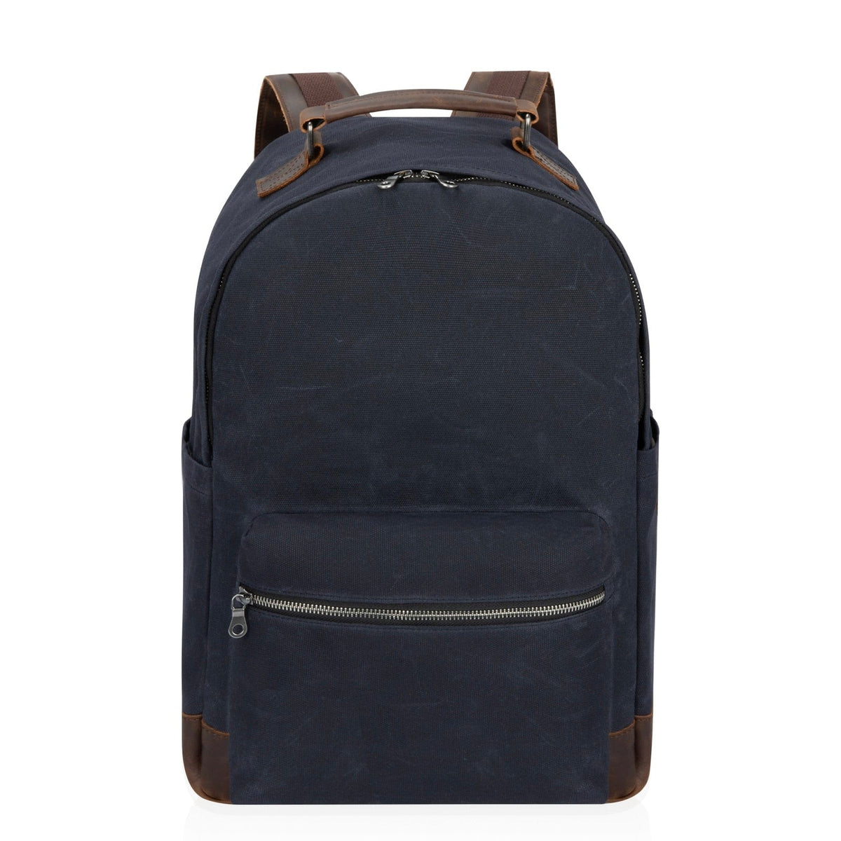 Dark blue backpack with top handle and front zip pocket, brown leather-look accents.