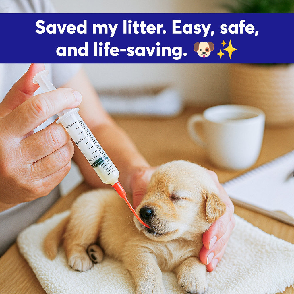 Pet feeding syringe with red tip dispensing to a small newborn puppy