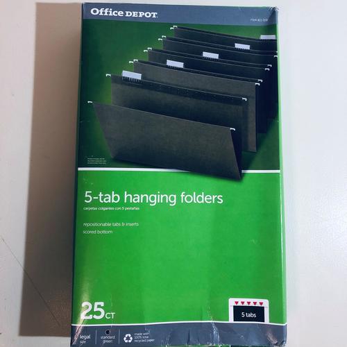 Office Depot 25-pack 5-tab legal hanging file folders, boxed with dark green folders