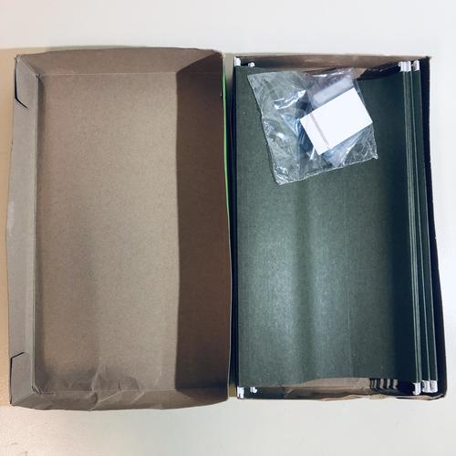 Green legal hanging file folders with adjustable tabs inside open packaging
