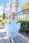 Girls light blue tulle dress with sparkly bodice, layered skirt and bow accent