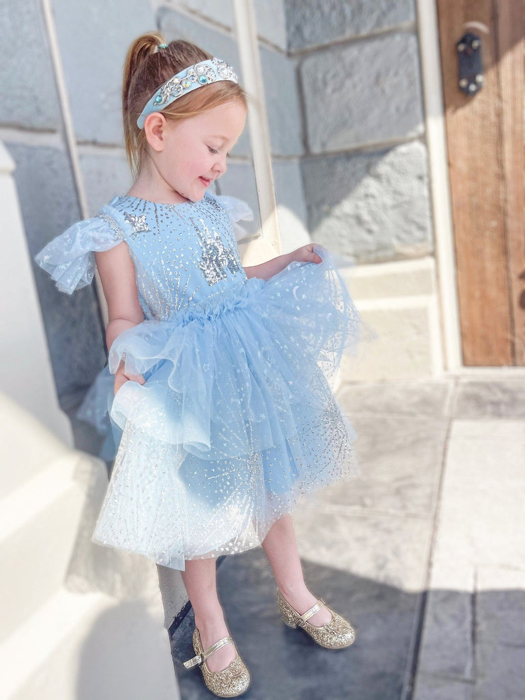 Girls light blue sequin tulle dress with short sleeves and layered tulle skirt
