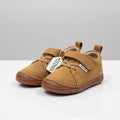 Kids' tan barefoot sneakers with strap and laces, low-profile rubber sole