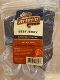 Original flavor beef jerky in sealed clear bag with label