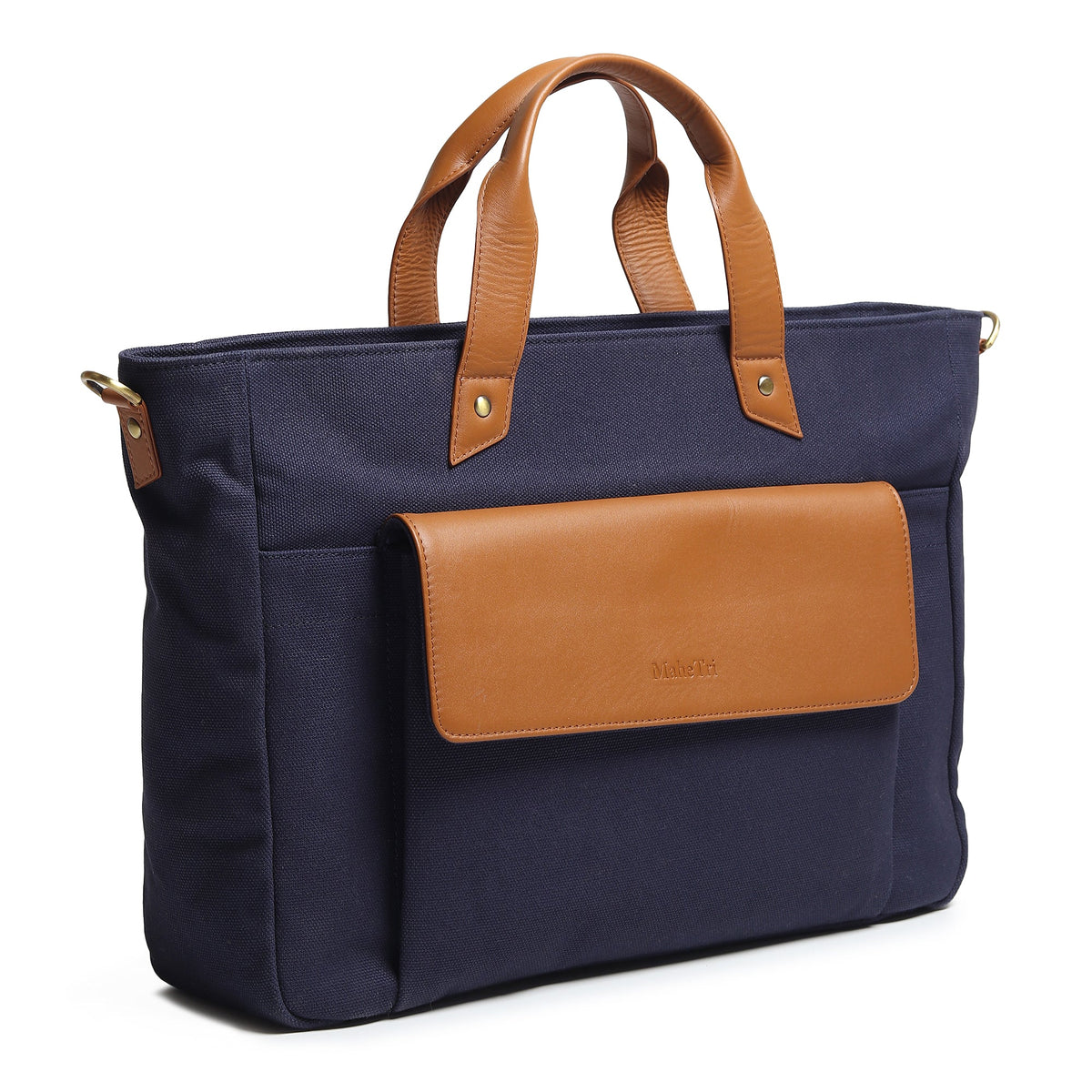 Dark blue canvas briefcase with tan leather front flap and handles