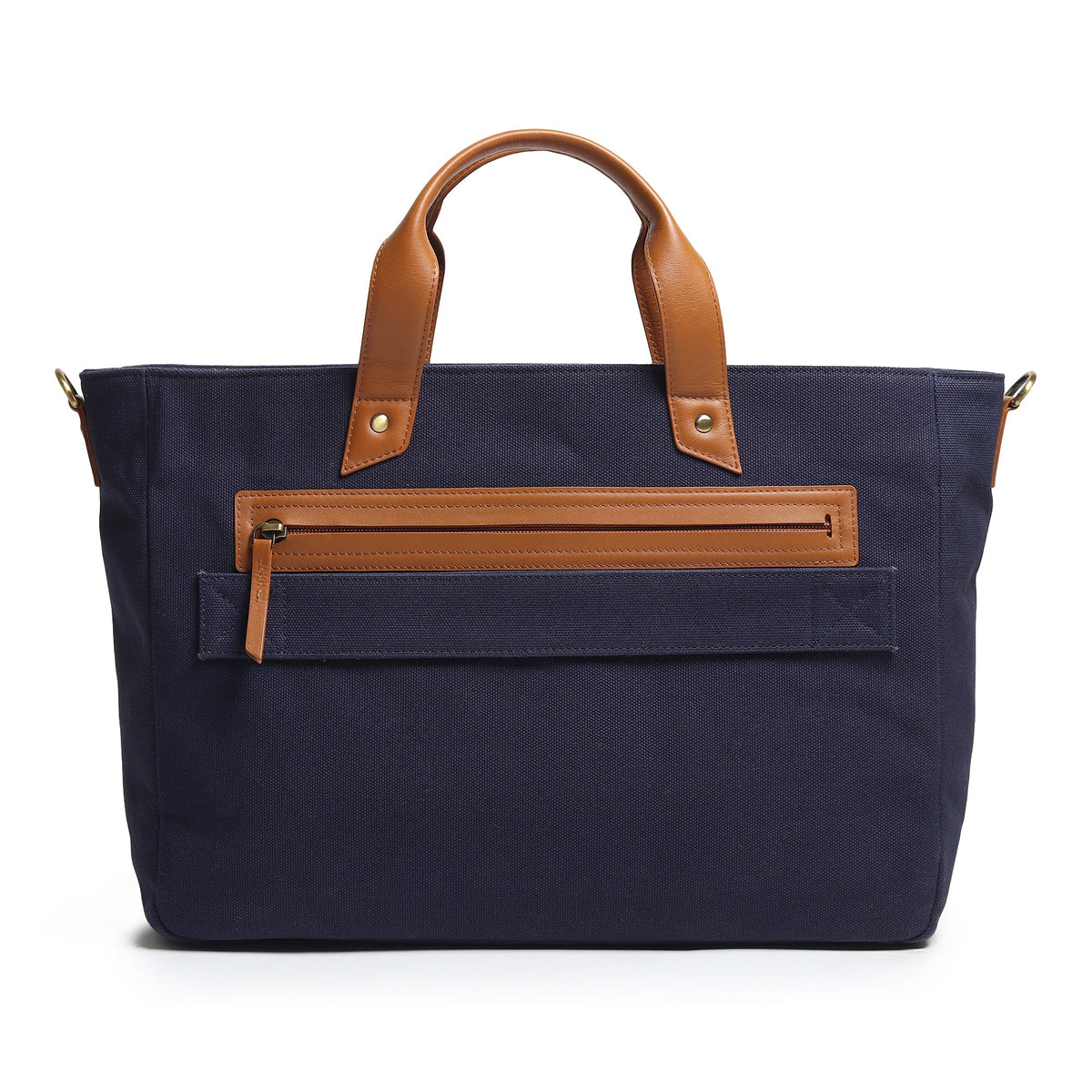 Dark blue canvas briefcase with tan leather center organizer pocket