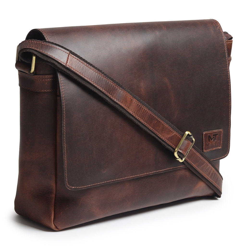 Genuine Sitka leather laptop bag with adjustable shoulder strap and flap closure, dark brown.