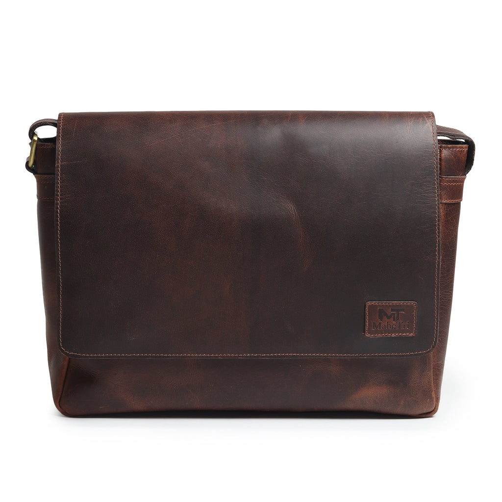 Genuine Sitka leather laptop bag with front flap and stitch detail, dark brown.