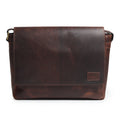 Genuine Sitka leather laptop bag with front flap and stitch detail, dark brown.