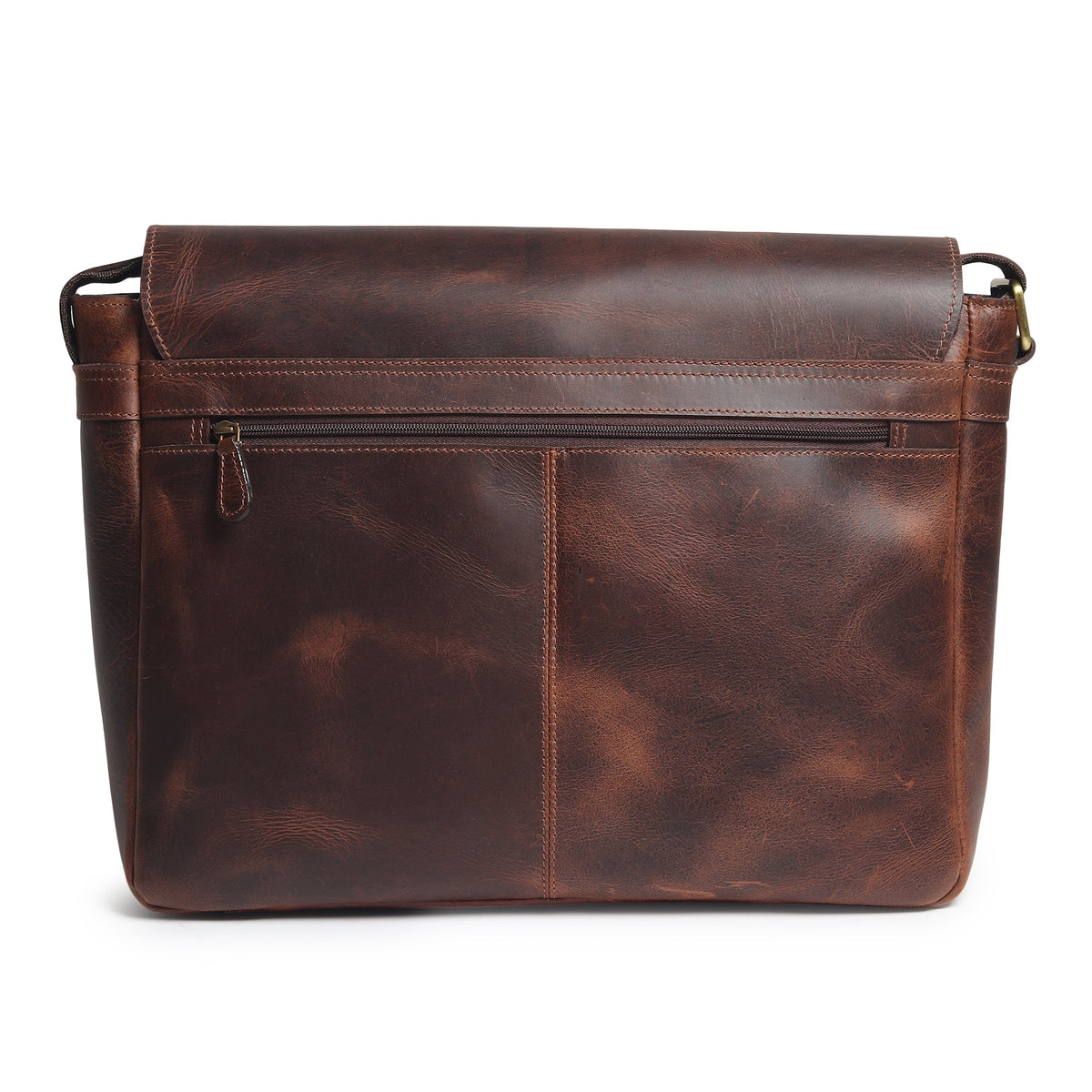 Genuine Sitka leather laptop bag with front pocket and flap, dark brown.