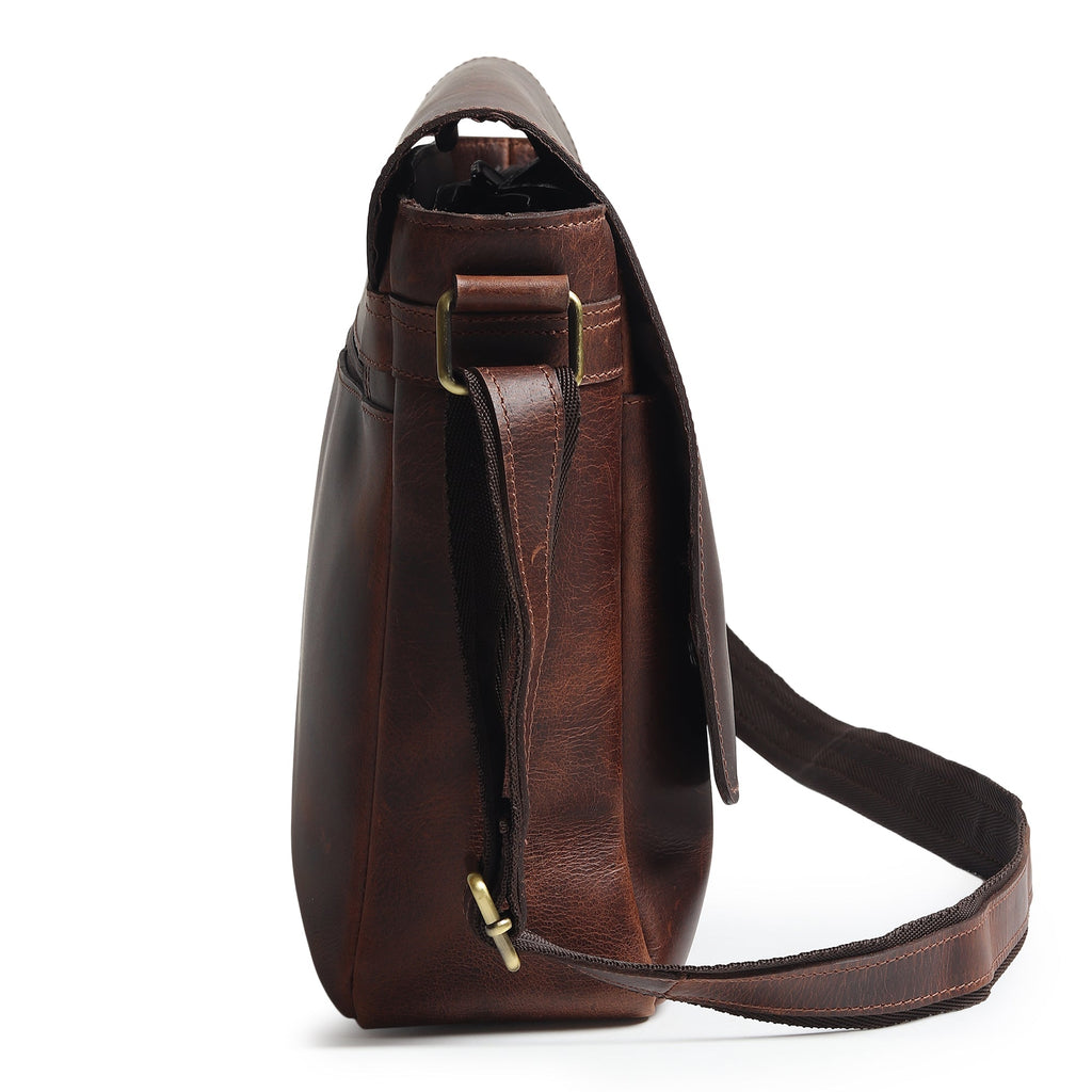 Genuine Sitka leather laptop bag with side profile and adjustable shoulder strap, dark brown.
