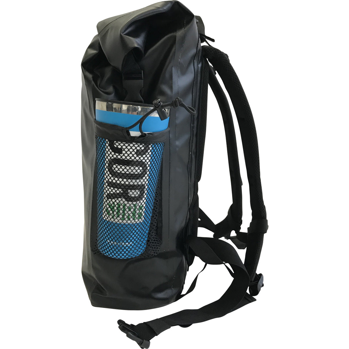 Black waterproof dry bag backpack with blue mesh side pocket and roll-top closure