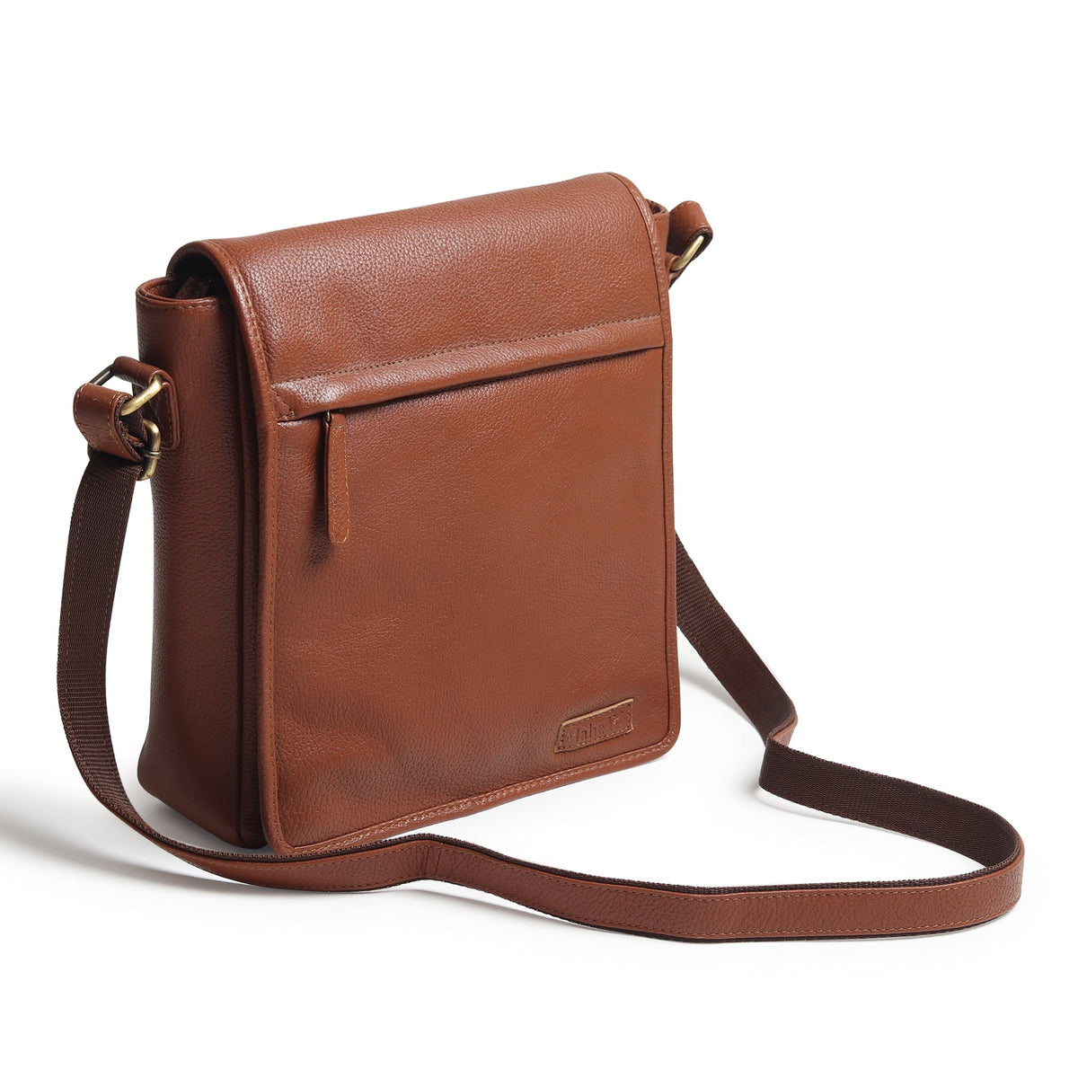 Brown leather crossbody bag with flap closure and long adjustable strap