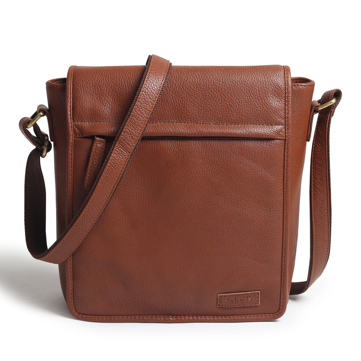 Brown leather crossbody bag with flap front and adjustable shoulder strap