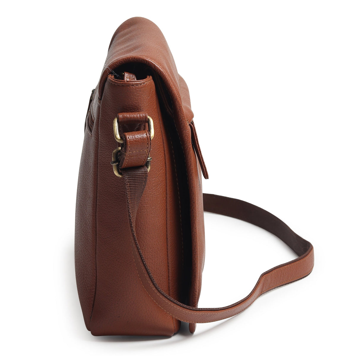 Brown leather crossbody bag side view with strap and buckle detail