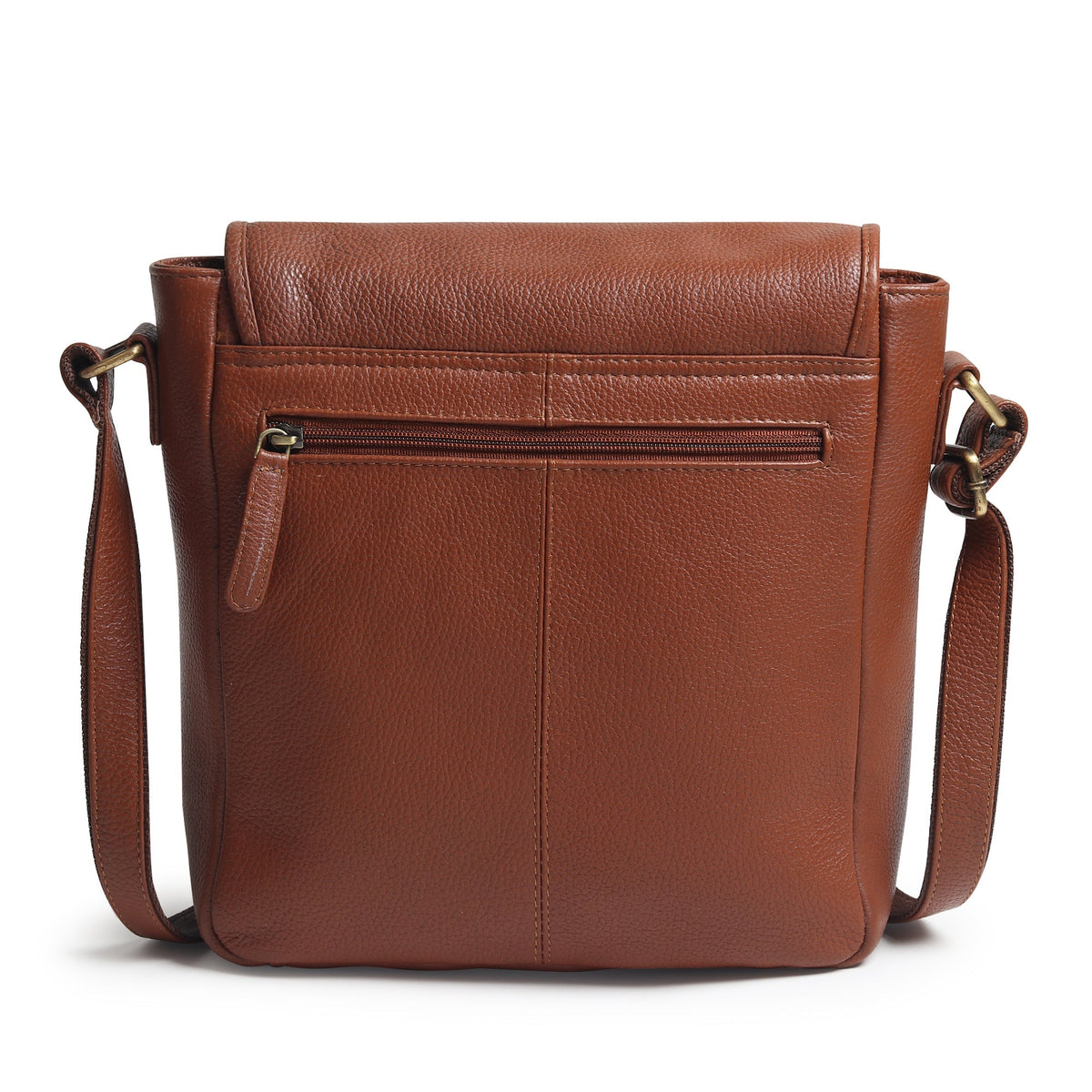Brown leather crossbody bag back view with top flap and side straps