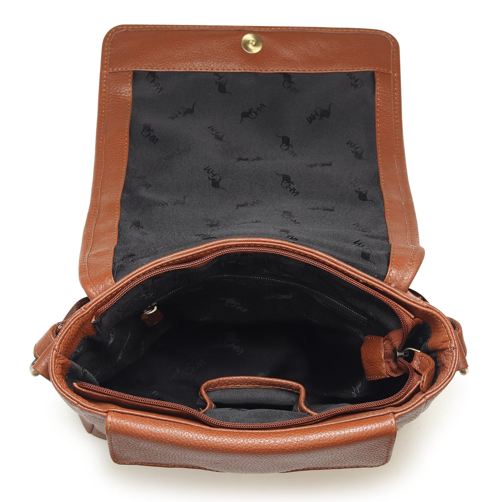 Brown leather crossbody bag open top with dark patterned interior