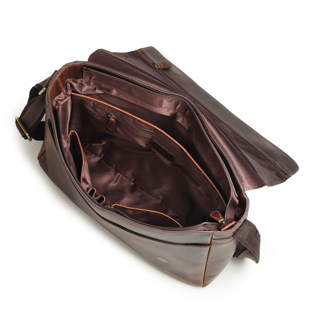 Genuine Sitka leather laptop bag open to reveal fabric-lined interior compartments, dark brown.