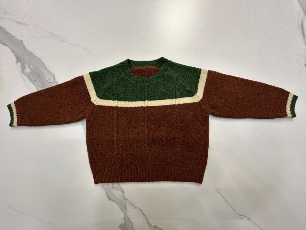 Kids brown crewneck sweater with green stripe and cream panel across chest