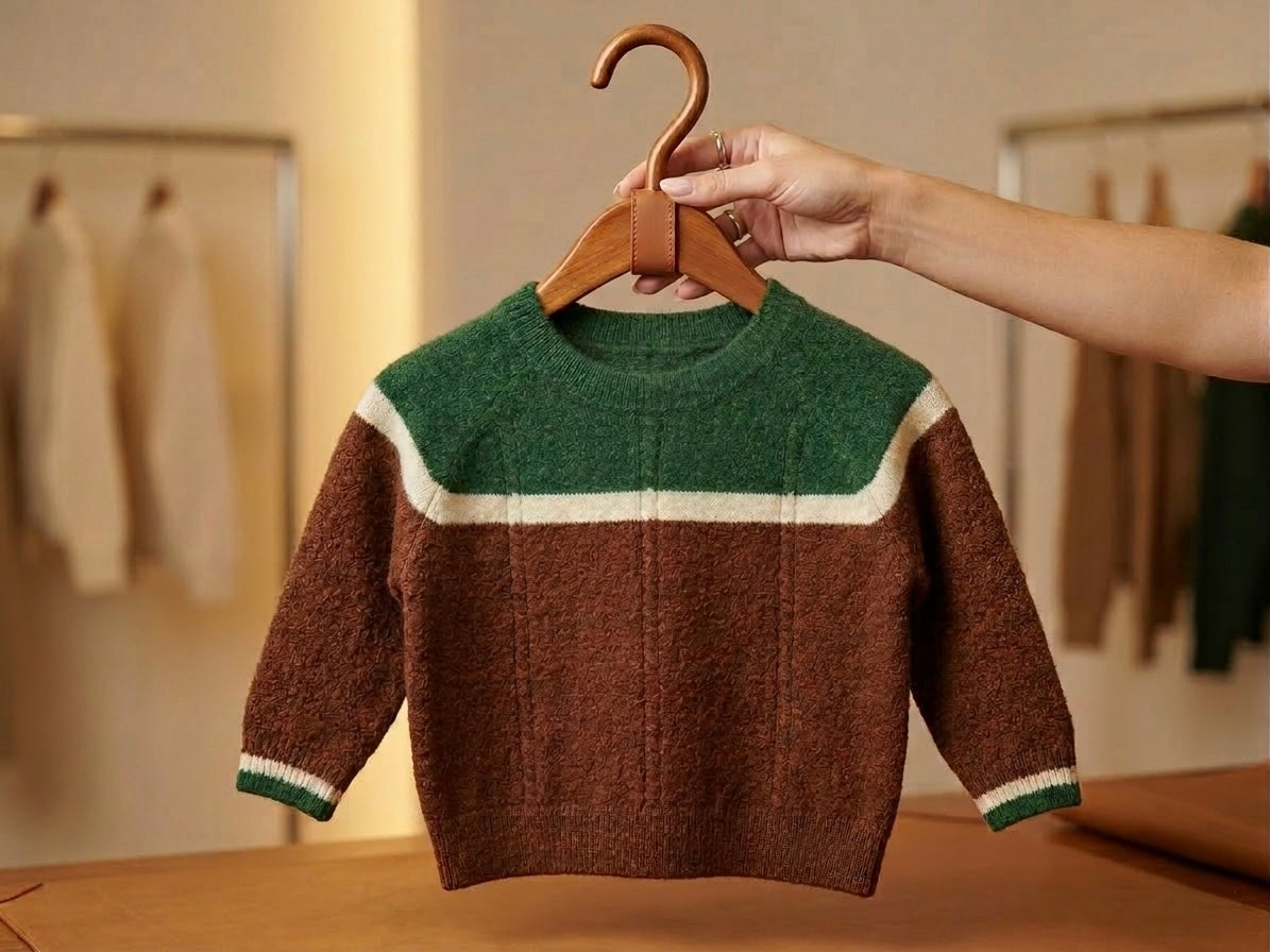 Kids merino wool crewneck sweater in brown with green-and-cream stripe yoke
