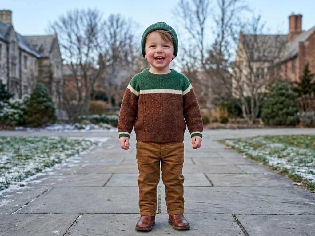 Kids brown knit sweater with green chest stripe, cream band, and ribbed hem