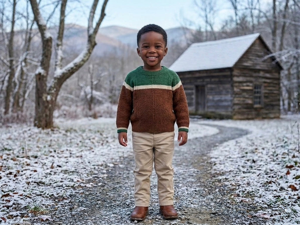 Kids brown knit sweater with green-and-cream chest stripe and ribbed cuffs