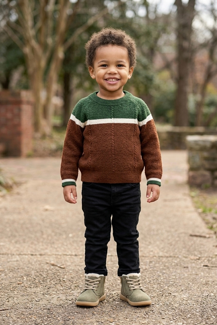 Kids sweater in brown with green yoke stripe, cream trim, and ribbed cuffs