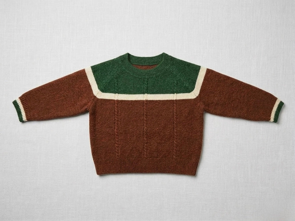 Kids brown merino knit sweater with green yoke stripe and cream neckline band