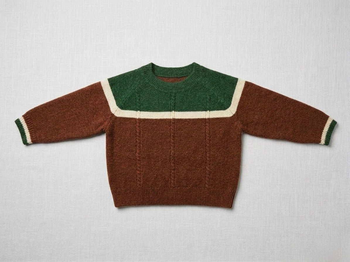 Kids brown merino knit sweater with green yoke stripe and cream neckline band