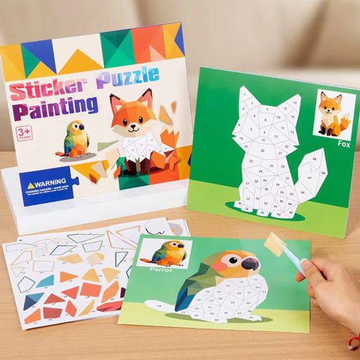 Sticker puzzle painting kit boxes with fox designs; child placing animal sticker pieces