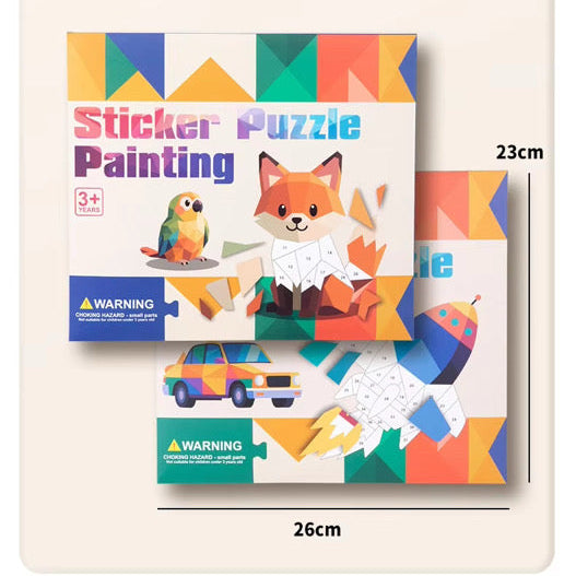 Sticker puzzle painting kit box with fox character on a geometric collage background