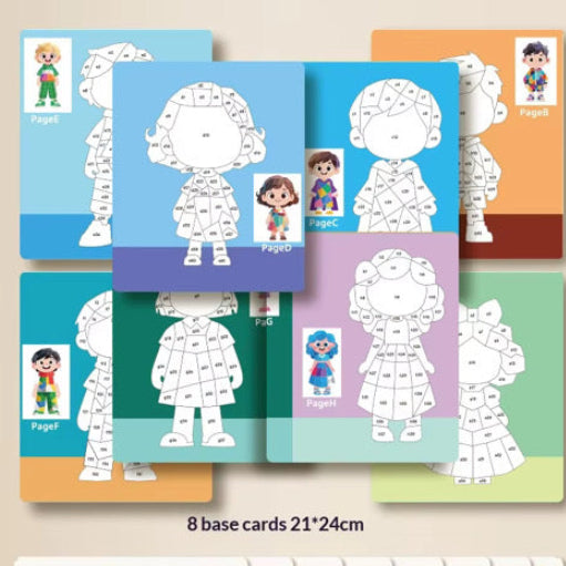 Sticker puzzle painting base cards with white animal figure templates on colored pages