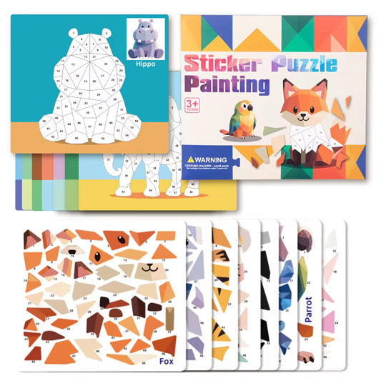 Sticker puzzle painting set with hippo and fox templates plus sticker sheets