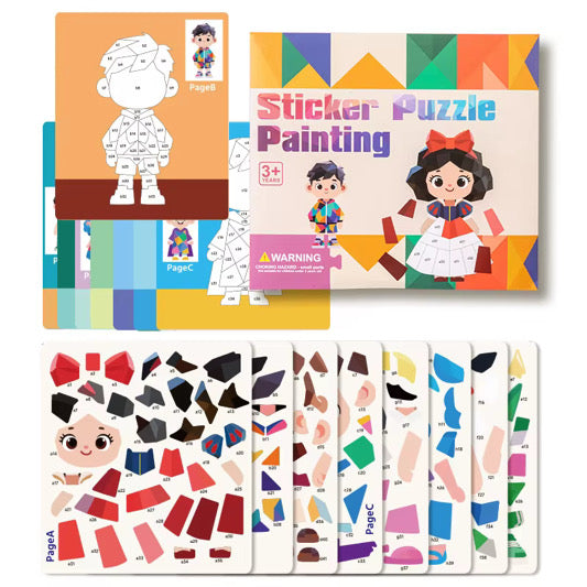 Sticker puzzle painting set with cartoon character templates and assorted color sticker pieces