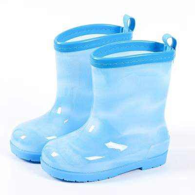 Kids blue waterproof rain boots with pull-on loops and low tread soles