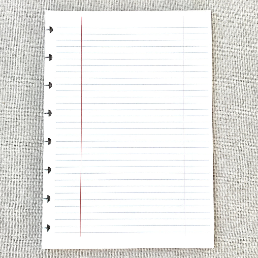 A5 lined discbound paper insert with red margin line and punched ring holes