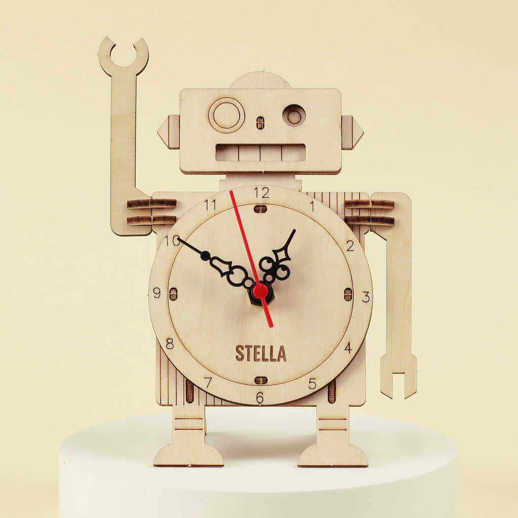 Wooden robot clock DIY kit with robot body, round dial, red and black clock hands