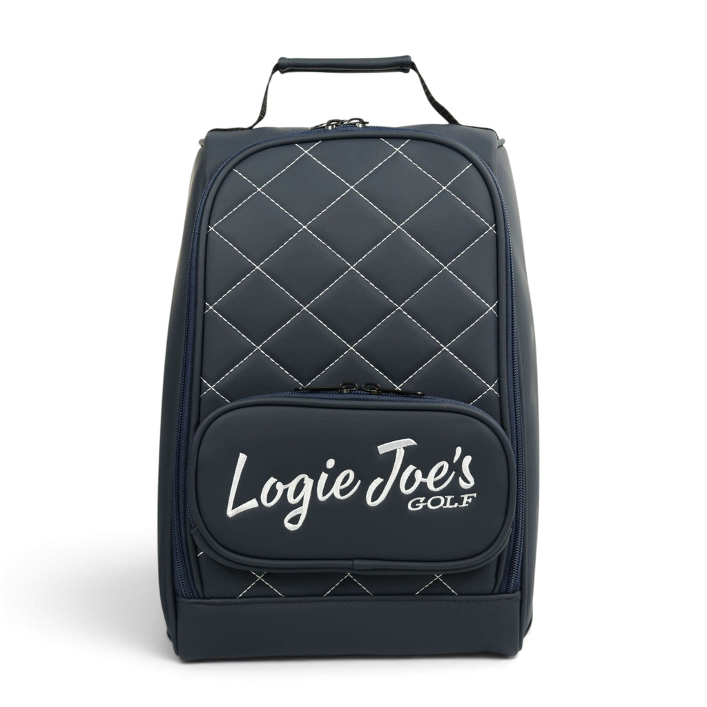 Navy quilted golf shoe bag with Logie Joe's logo front pocket and top carry handle