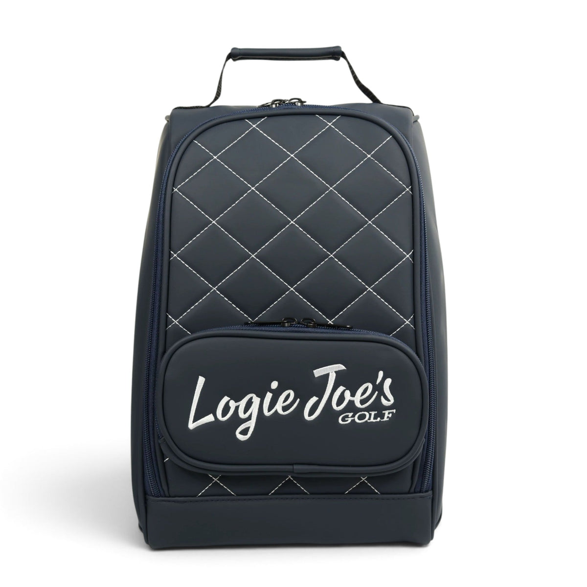 Navy quilted golf shoe bag with Logie Joe's logo front pocket and top carry handle