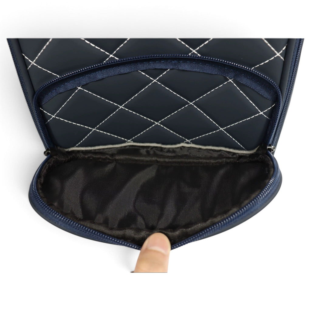 Navy quilted golf shoe bag open view, showing interior lining and zipper edge