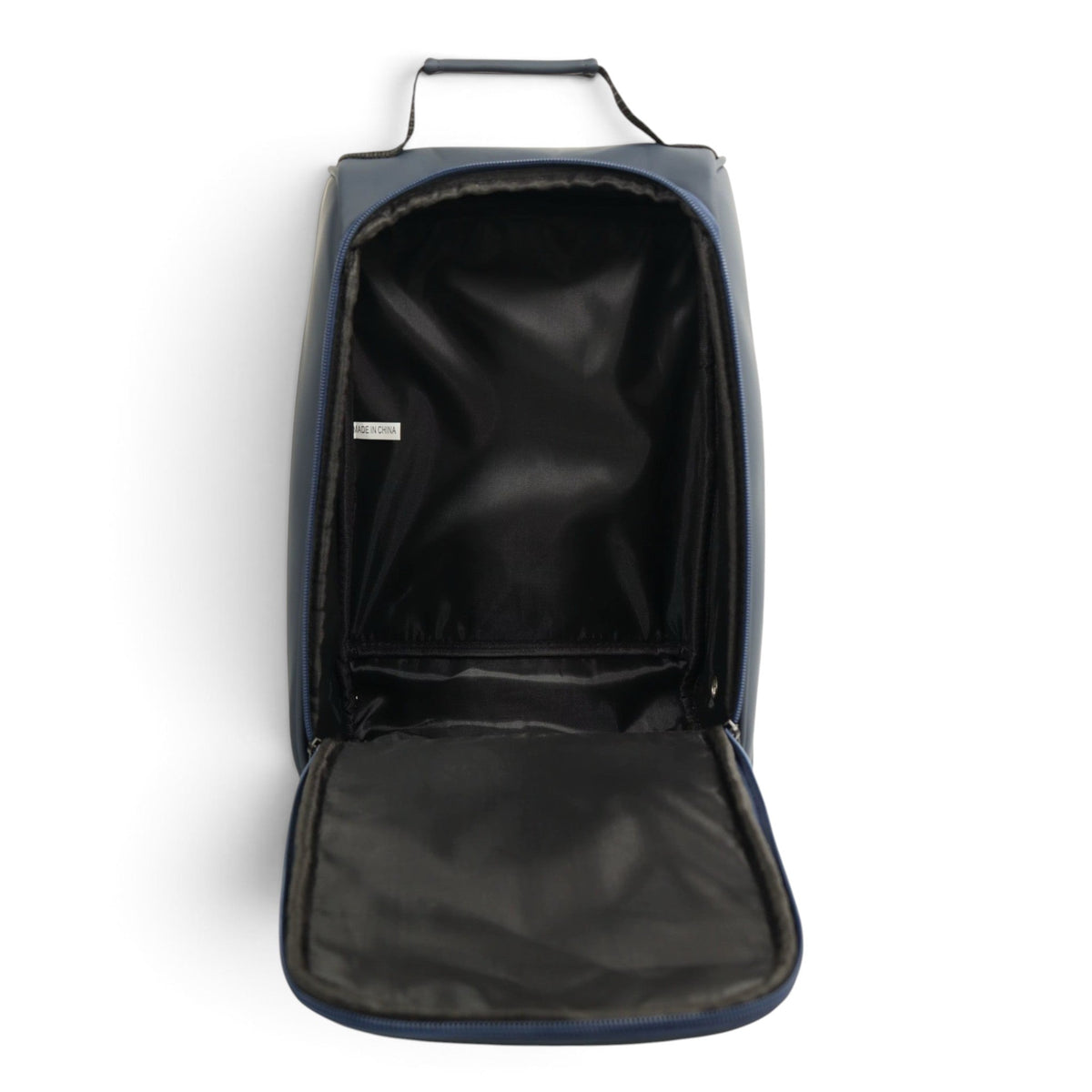 Navy golf shoe bag open top with black interior lining and zip closure