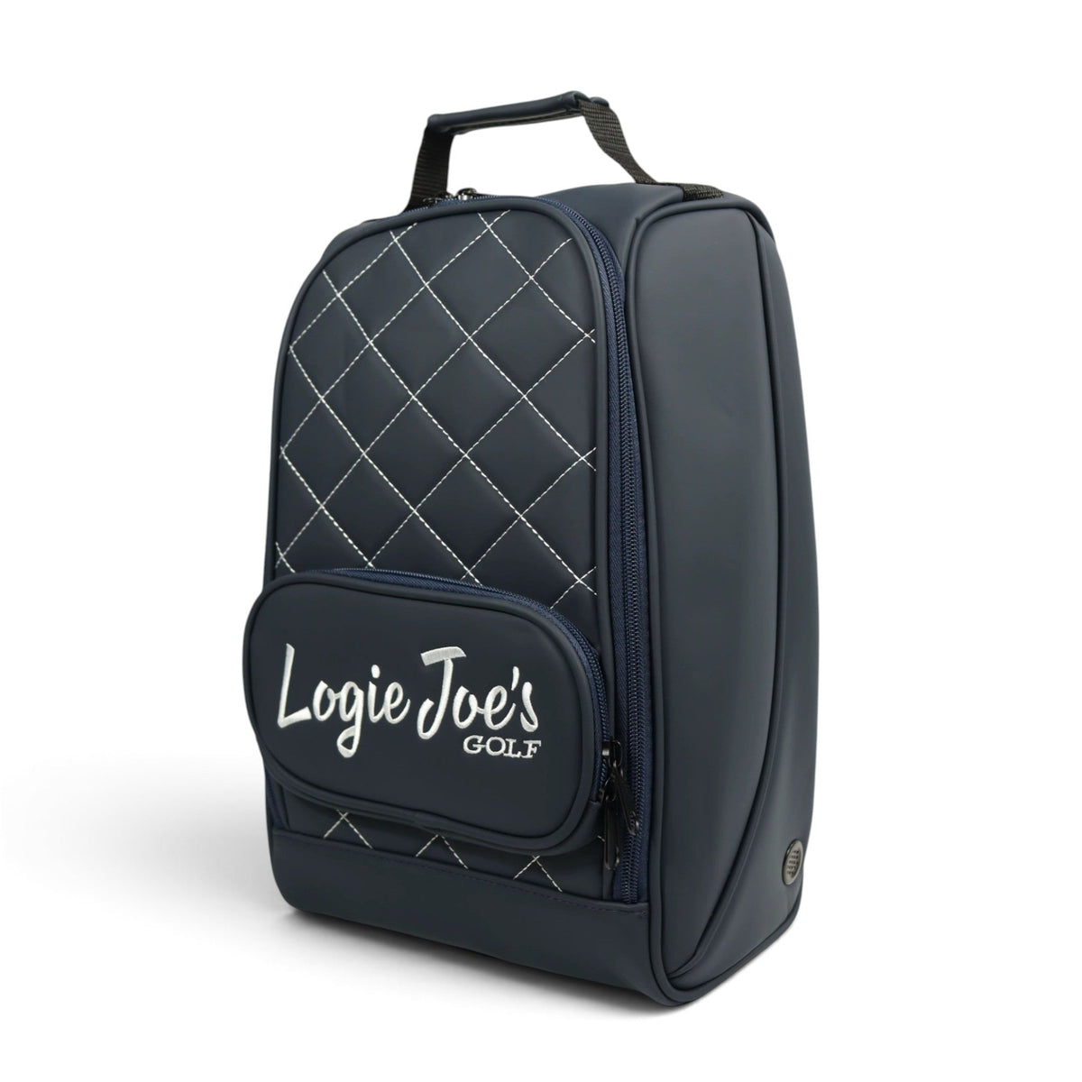 Navy quilted golf shoe bag side view with white diamond stitching and front logo pocket