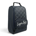Navy quilted golf shoe bag with white diamond stitching, front pocket, carry handle