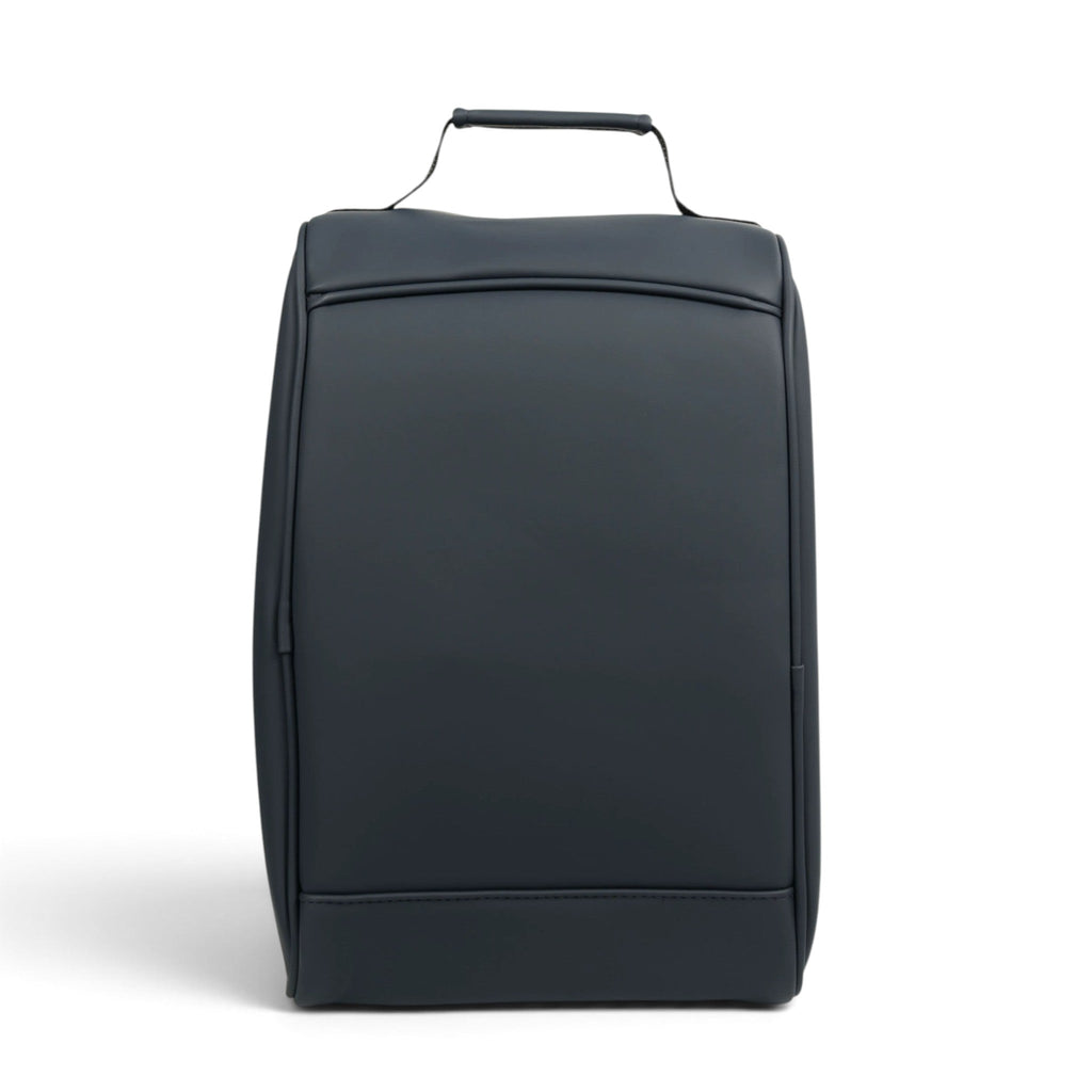 Navy golf shoe bag back view with top carry handle and stitched panel seams