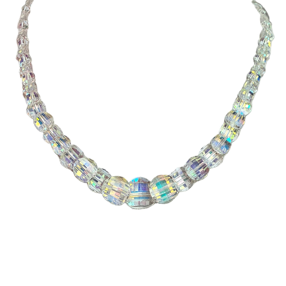 Iridescent faceted crystal bead necklace with rounded clasp center