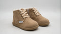 Tan toddler barefoot winter boots, lace-up with cozy shearling collar and side zipper