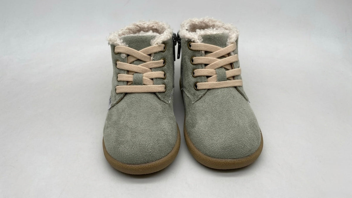 Olive toddler winter barefoot boots, front view with lace-up closure and sherpa lining
